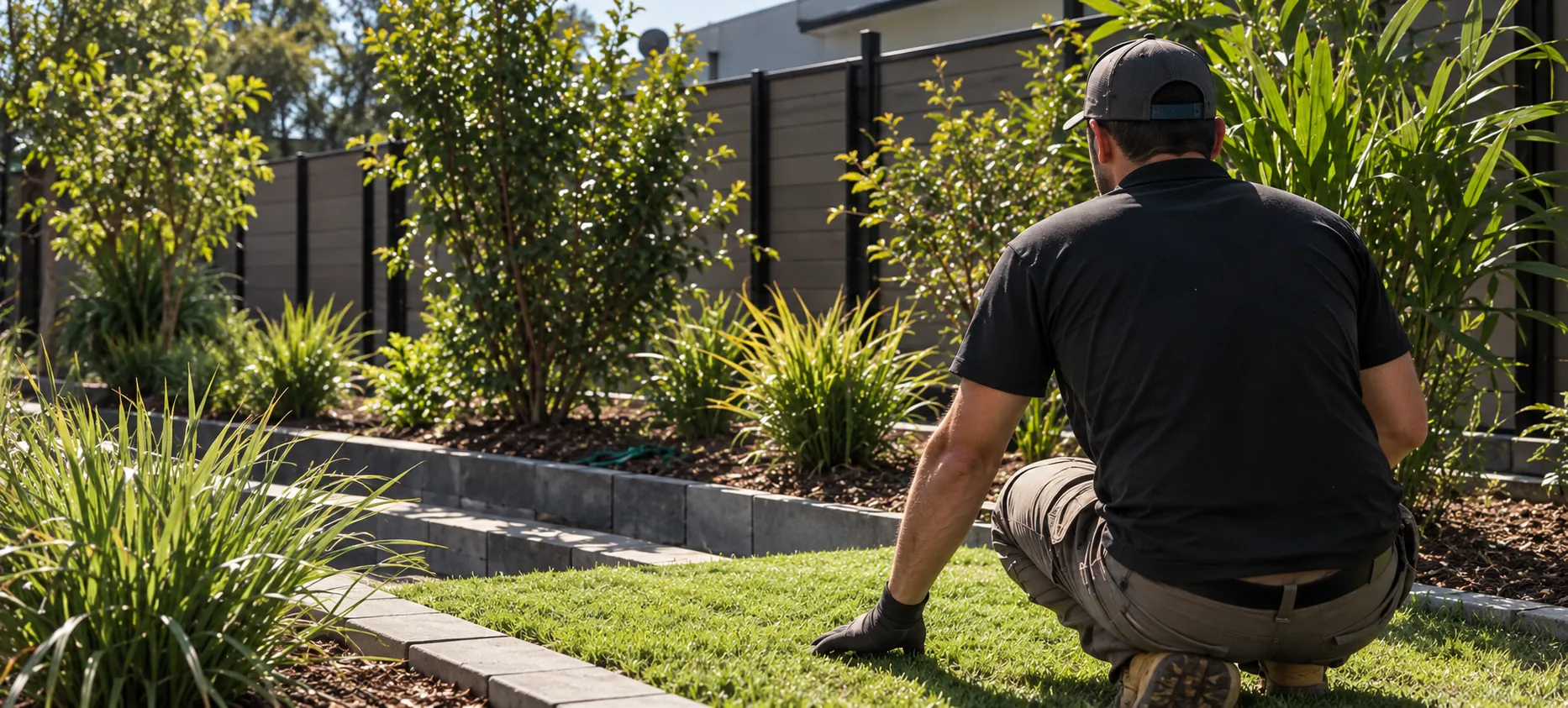 Landscaper inspecting a residential garden and lawn