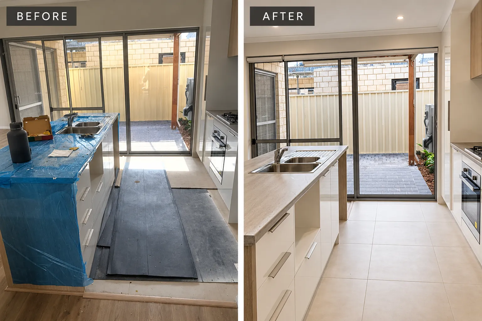 Before and after comparison of a residential kitchen cleaning and property presentation