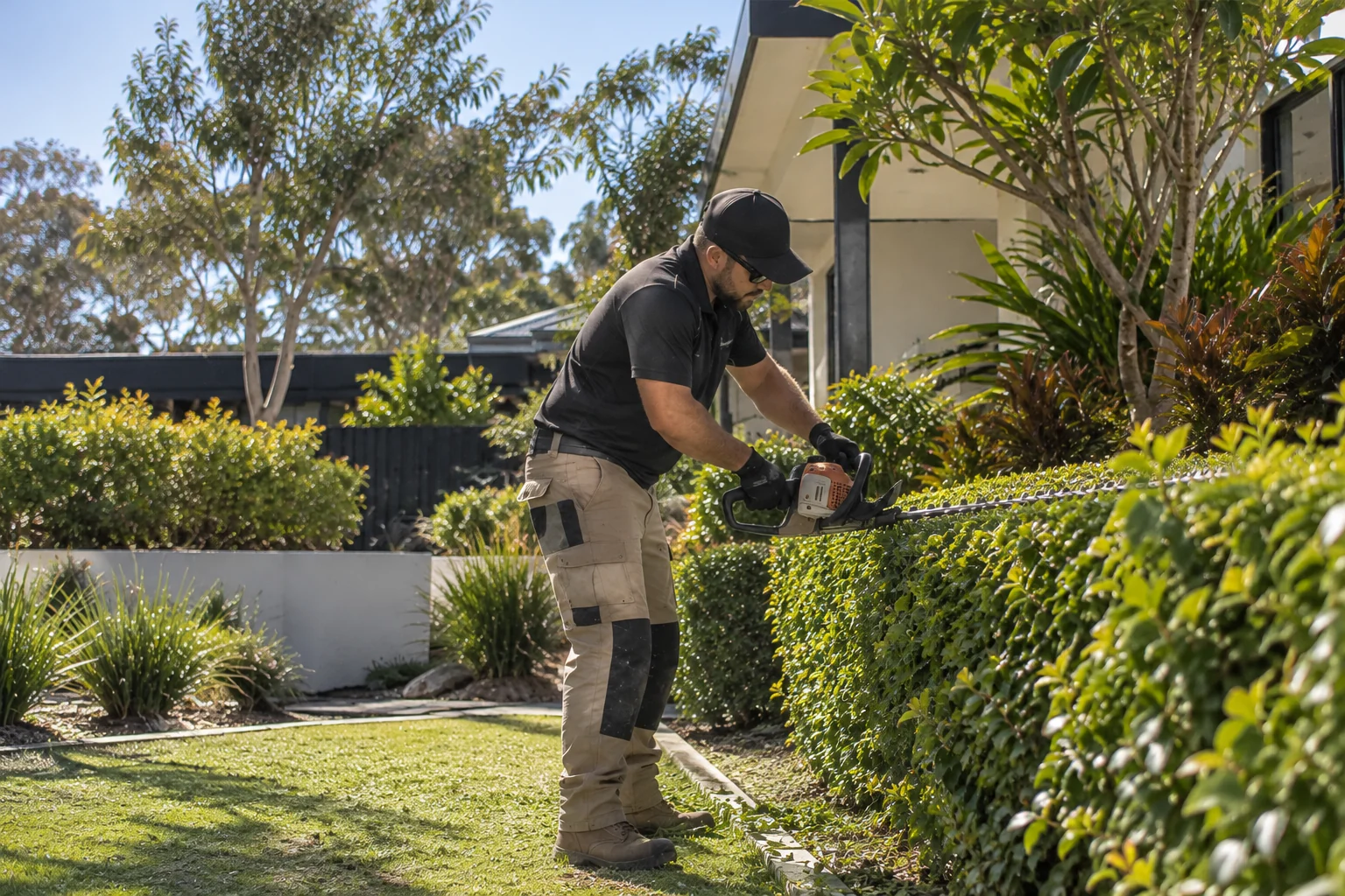 Landscaper maintaining a garden hedge at a residential property