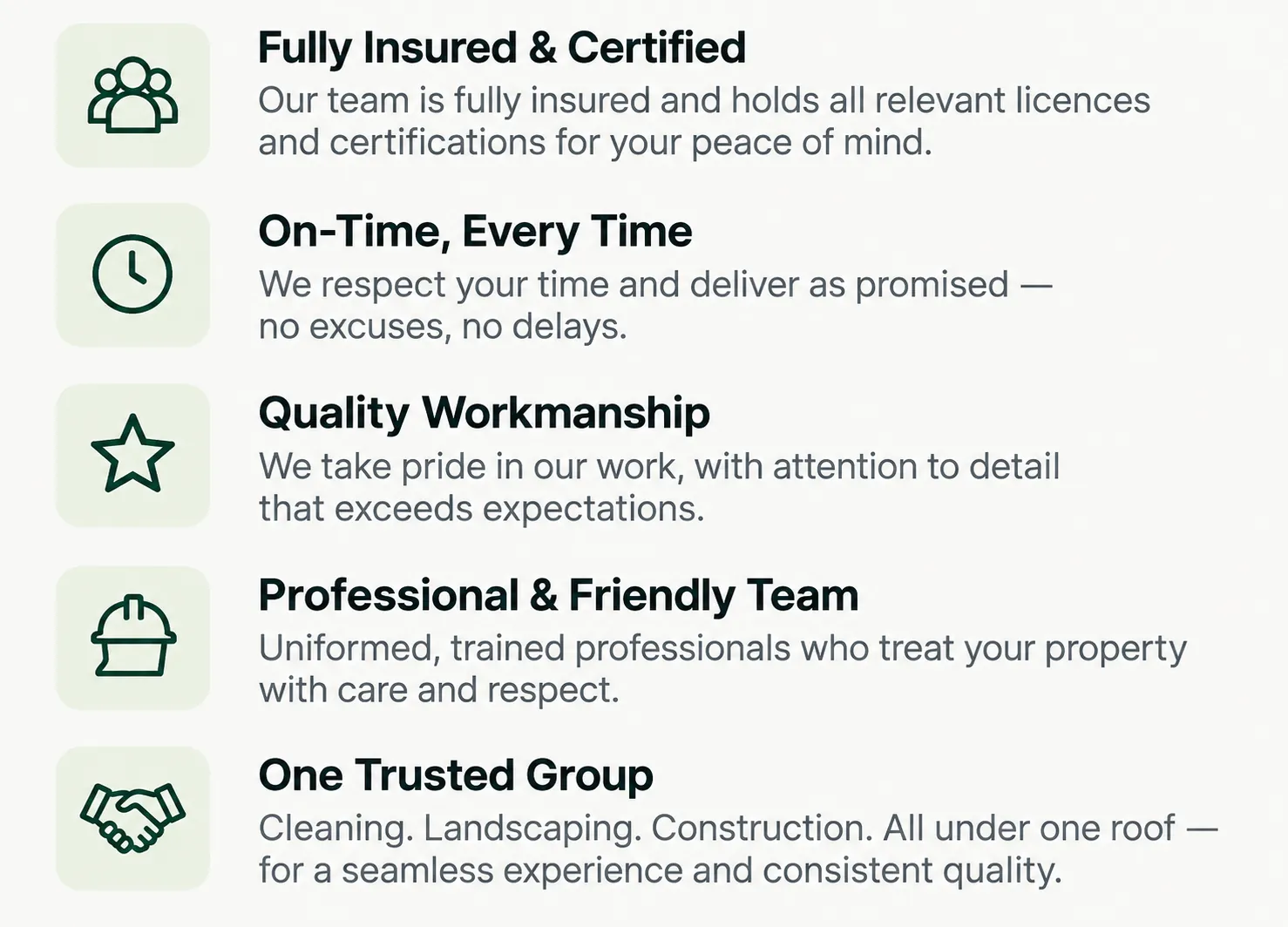 MOG Industries benefits: fully insured and certified, on-time every time, quality workmanship, professional and friendly team, and one trusted group.